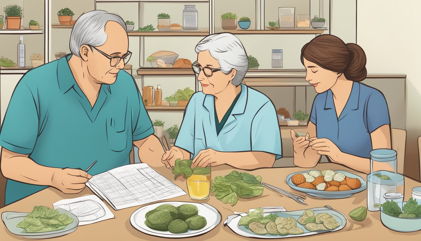 A dietician explaining limpets to a diabetic patient, with charts and food models on a table