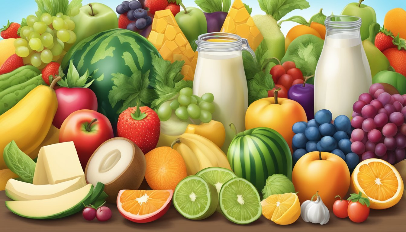 A colorful array of fruits, vegetables, and dairy products, with a prominent focus on sugar-free and low-glycemic index foods