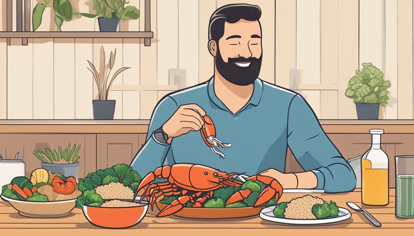 A person with diabetes enjoying a meal of lobster, vegetables, and a side of whole grain rice on a plate