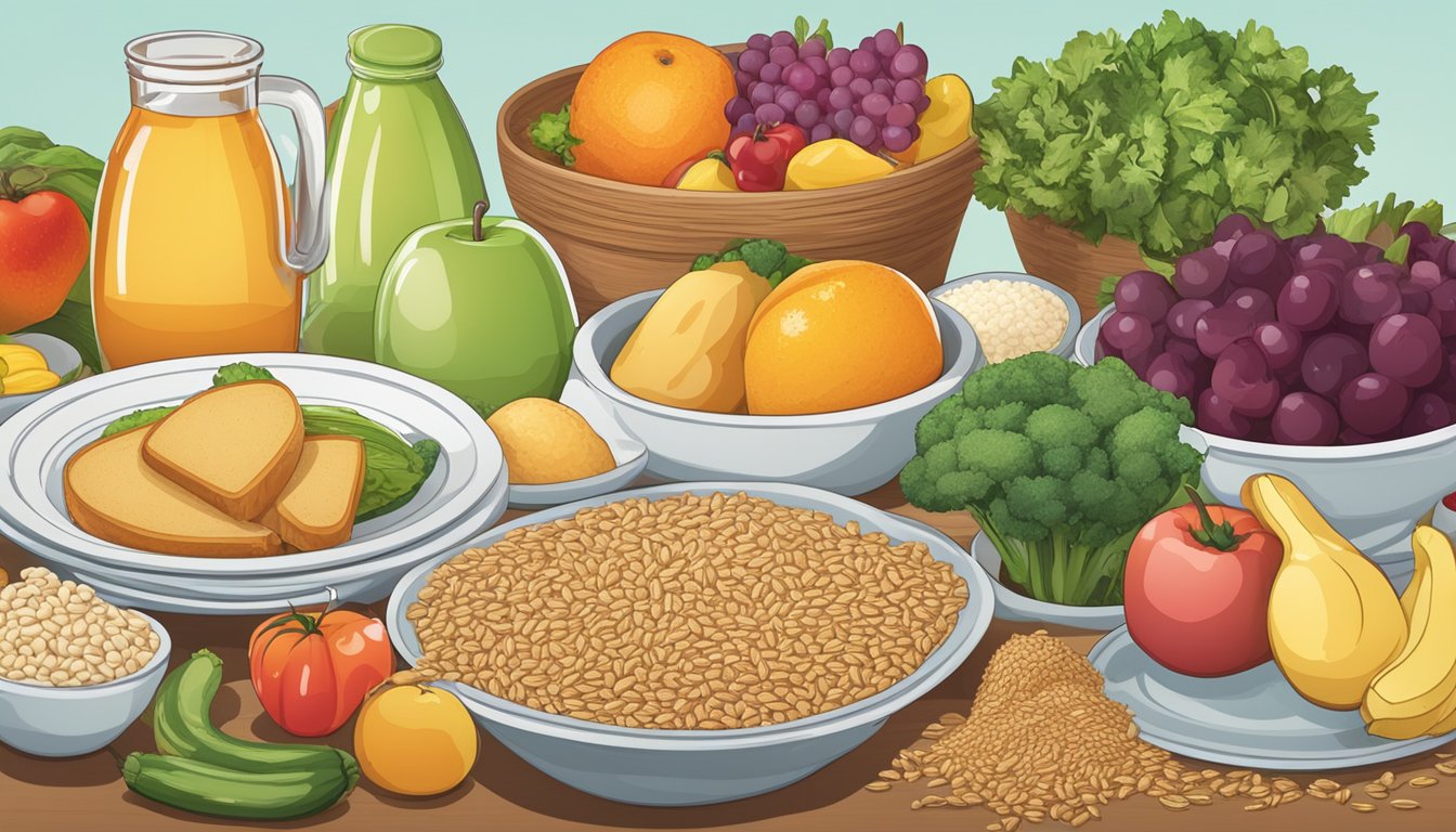 A table with various food items, including fruits, vegetables, whole grains, and low-sugar dairy products, with a sign indicating "Diabetic-Friendly Options."