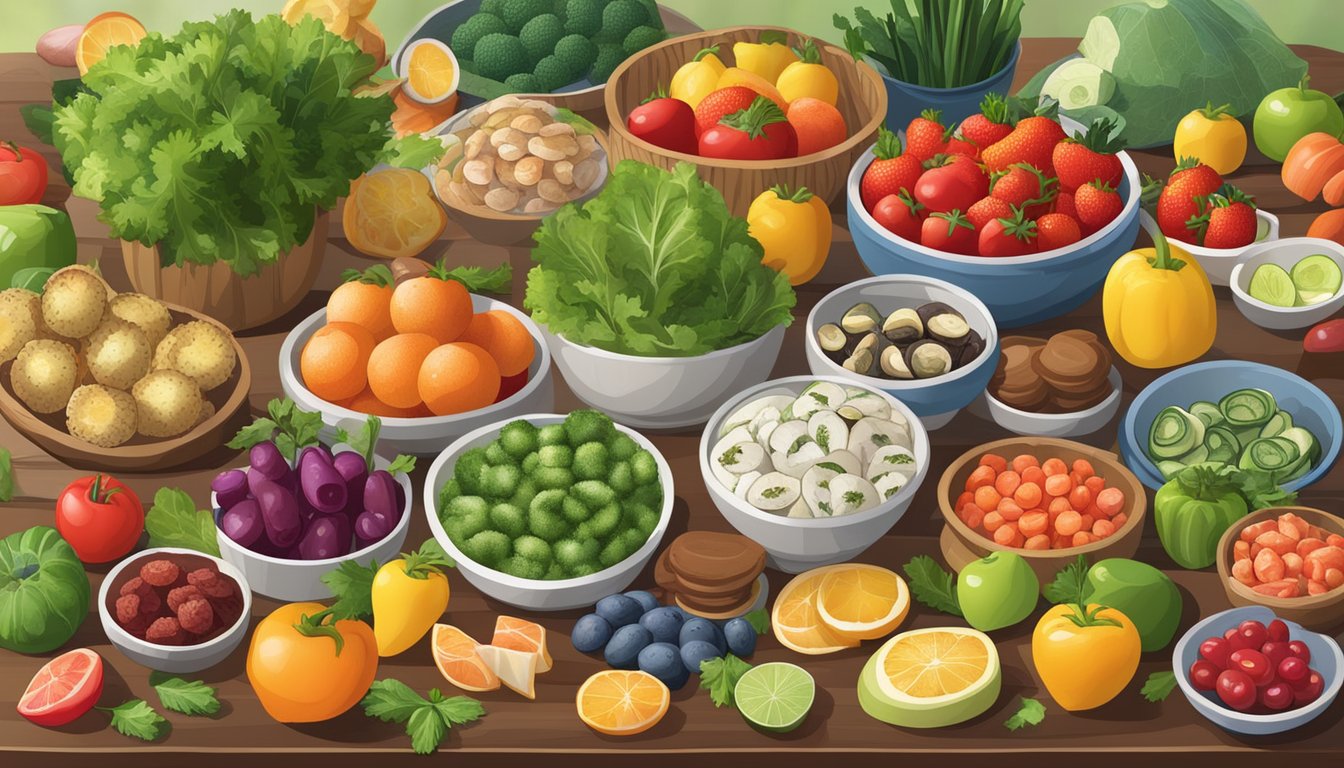 A colorful array of diabetes-friendly foods, including limpets, displayed on a table with fresh vegetables and fruits