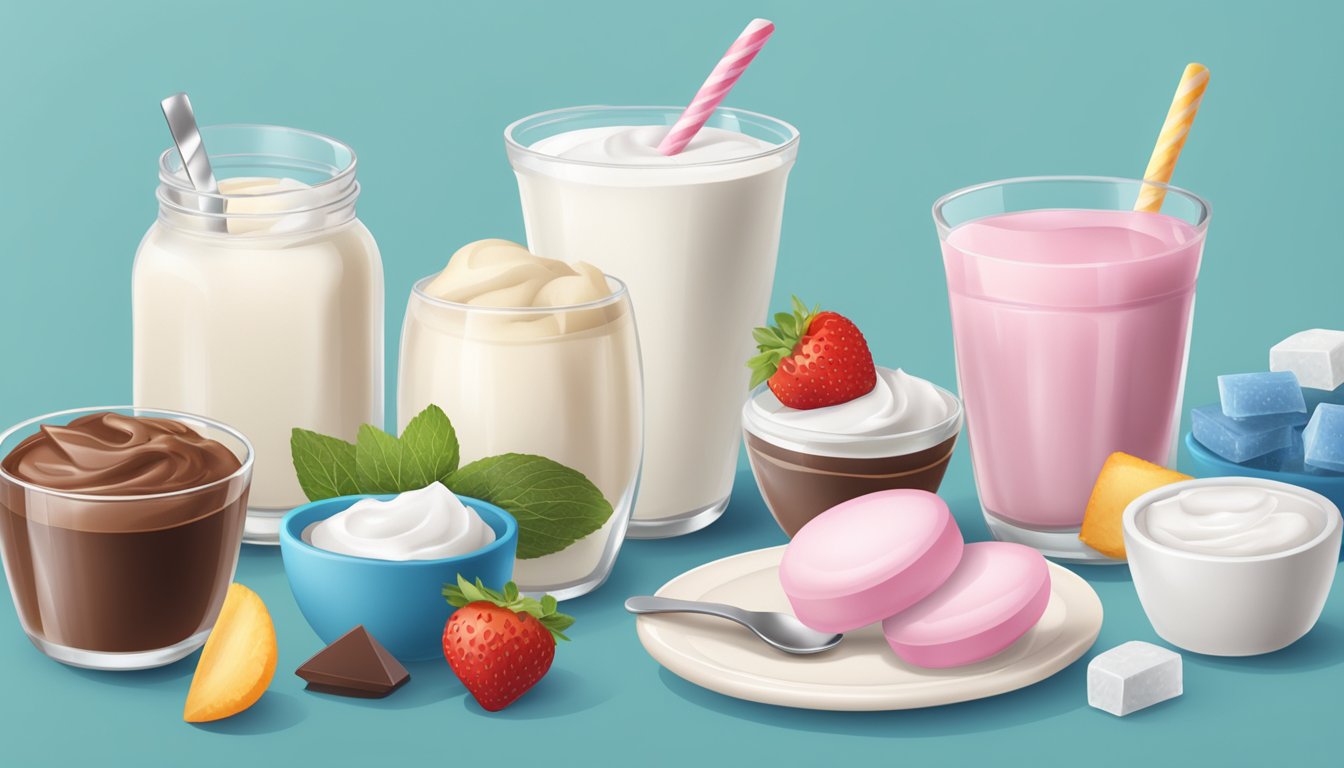 A table with diabetic-friendly foods like yogurt, ice cream, and chocolate, all containing lactitol as a sweetener