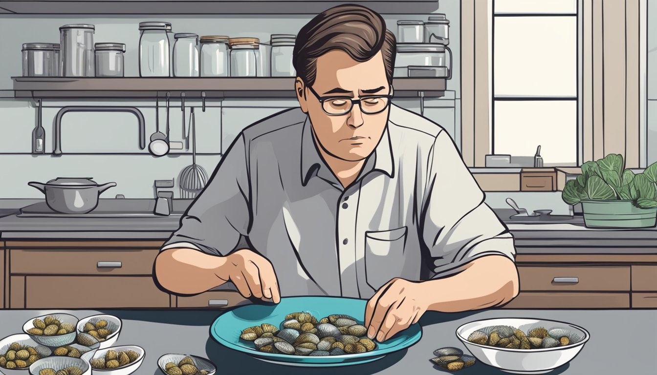 A diabetic person carefully examining a plate of limpets with a concerned expression