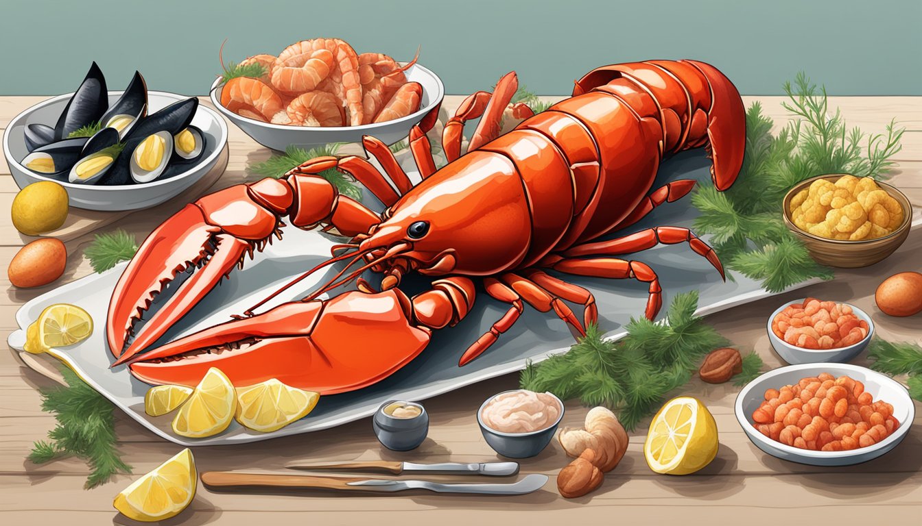 A lobster and various other seafood arranged on a table for comparison