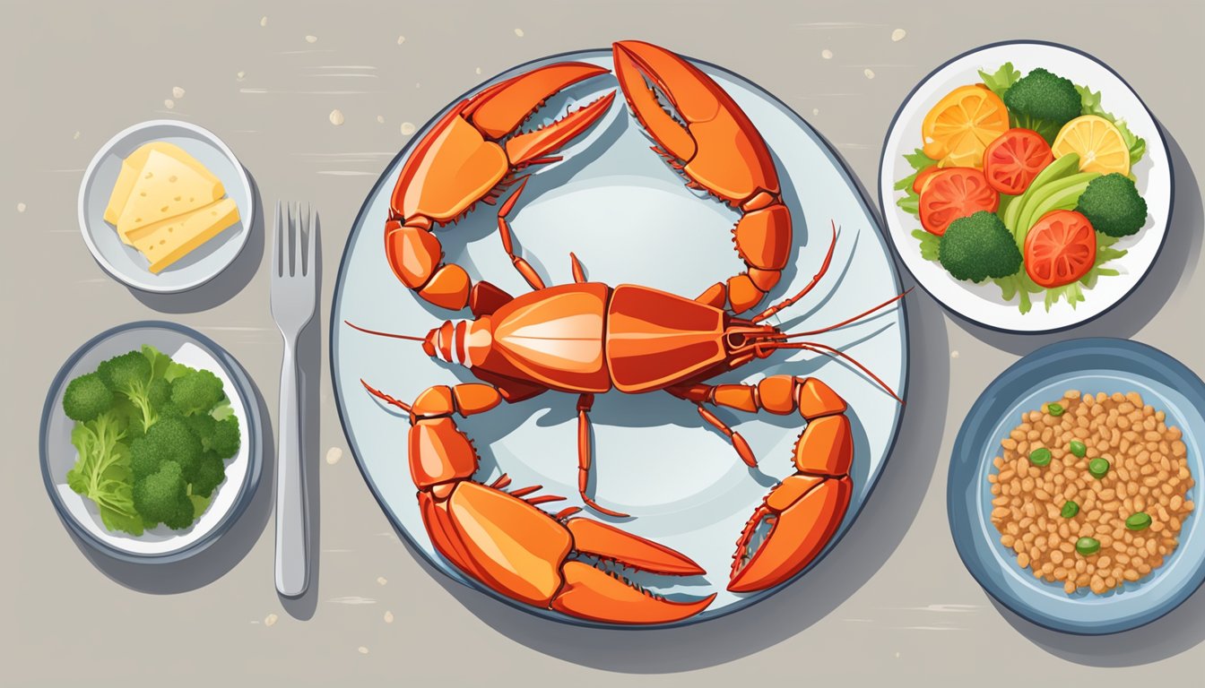 A plate with a balanced meal including lobster, vegetables, and a side of whole grain