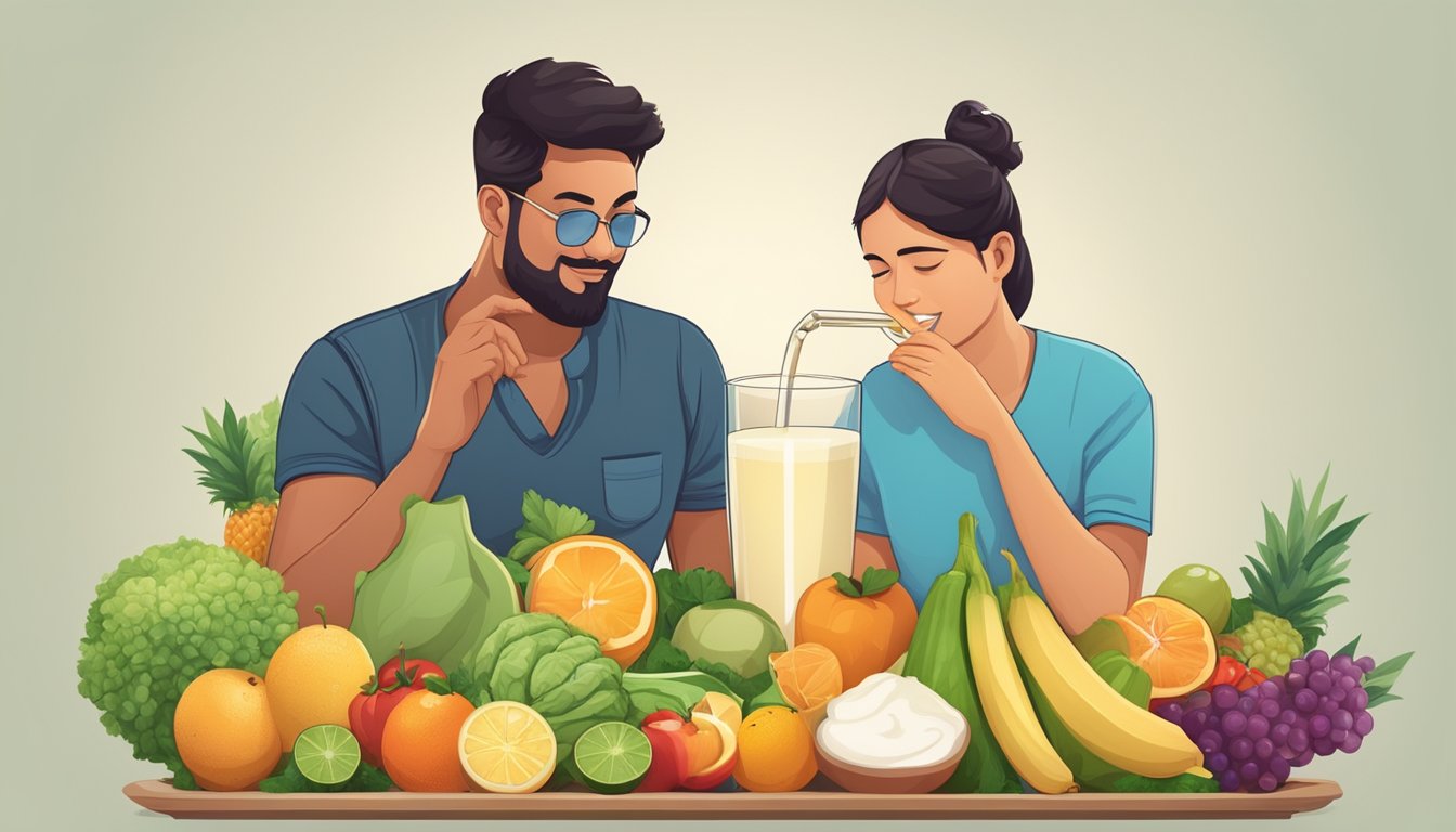 A diabetic person enjoying a glass of lassi while surrounded by various healthy food options such as fruits, vegetables, and whole grains