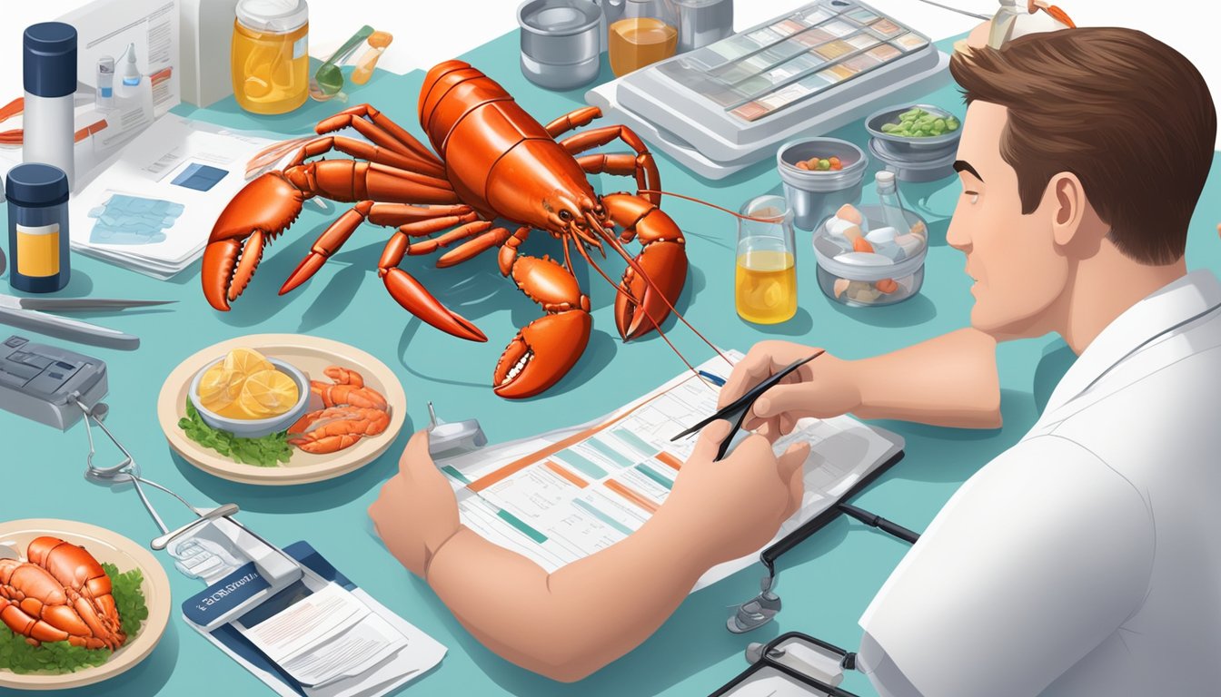 A diabetic cautiously examines a plate of lobster, surrounded by medical supplies and a nutrition guide