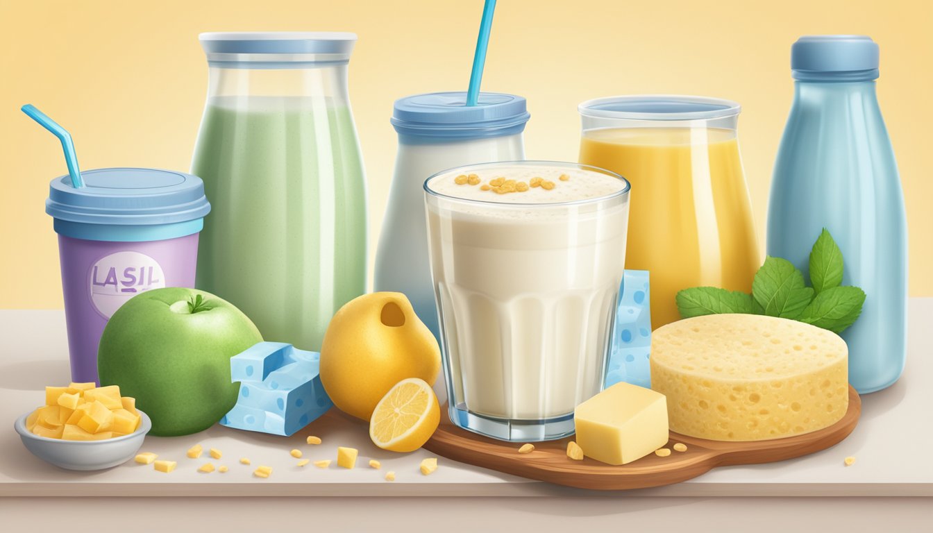 A glass of lassi surrounded by dairy products, with a diabetes-friendly symbol in the background