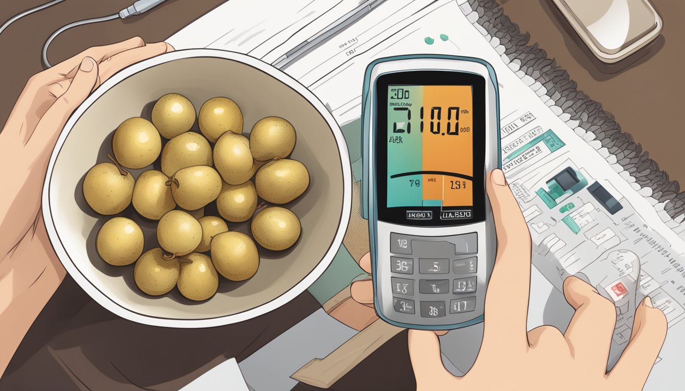 A bowl of longan fruit with a nutrition label and a person with a diabetes monitor checking their blood sugar levels