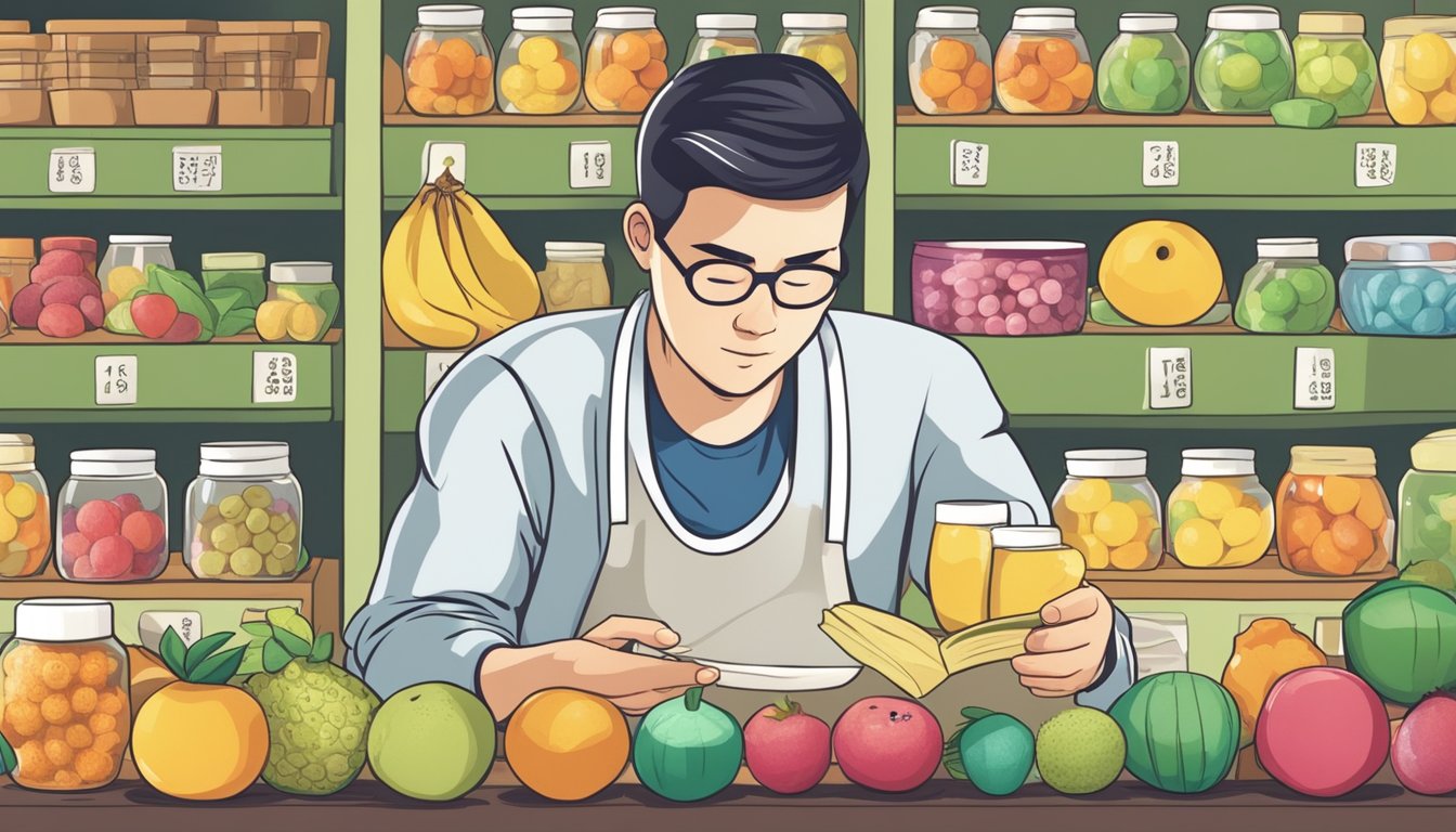 A diabetic person holding a luo han guo fruit and various sweeteners, with a puzzled expression while reading nutritional labels