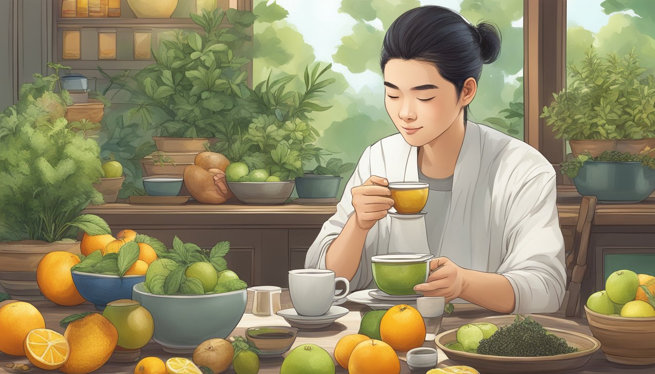 A diabetic person enjoying a cup of luo han guo tea with a serene expression on their face, surrounded by a variety of fresh fruits and herbs