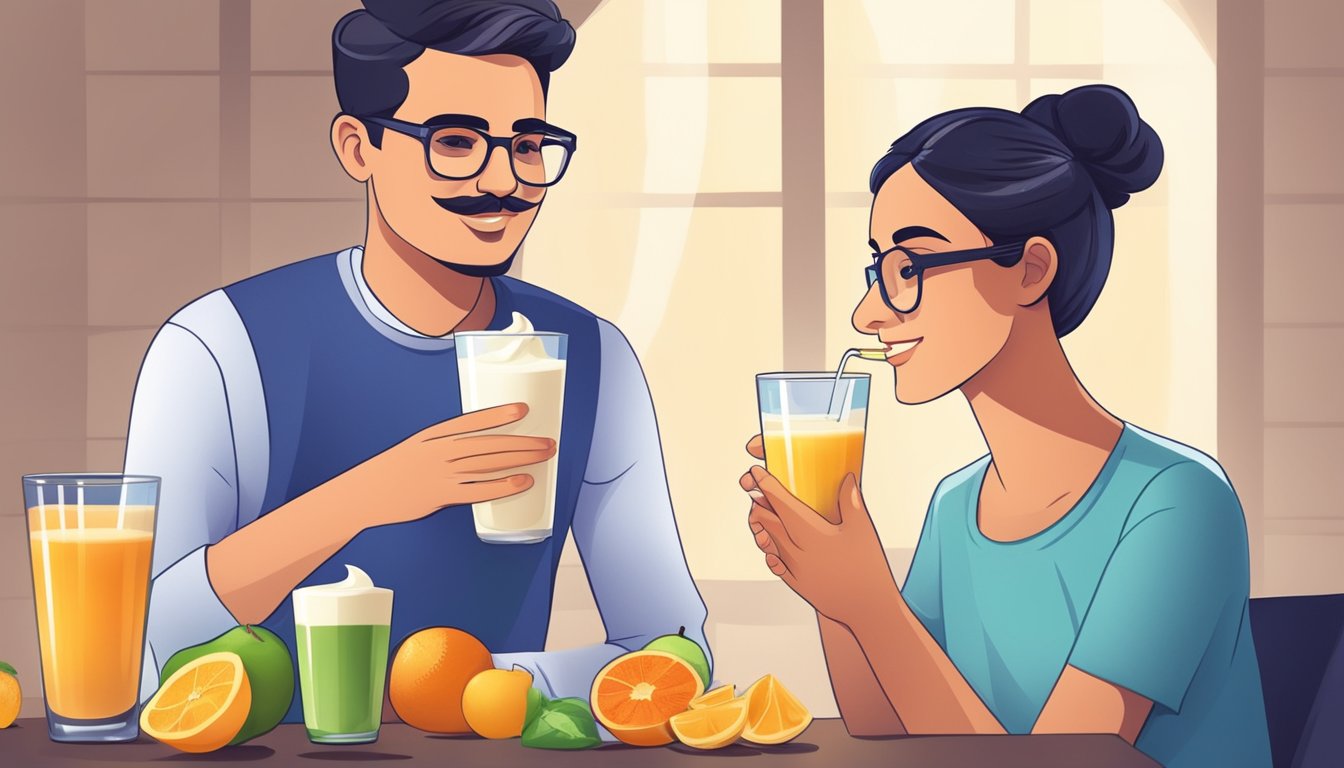 A diabetic person enjoying a glass of lassi with fresh fruits and yogurt, while consulting with a nutritionist