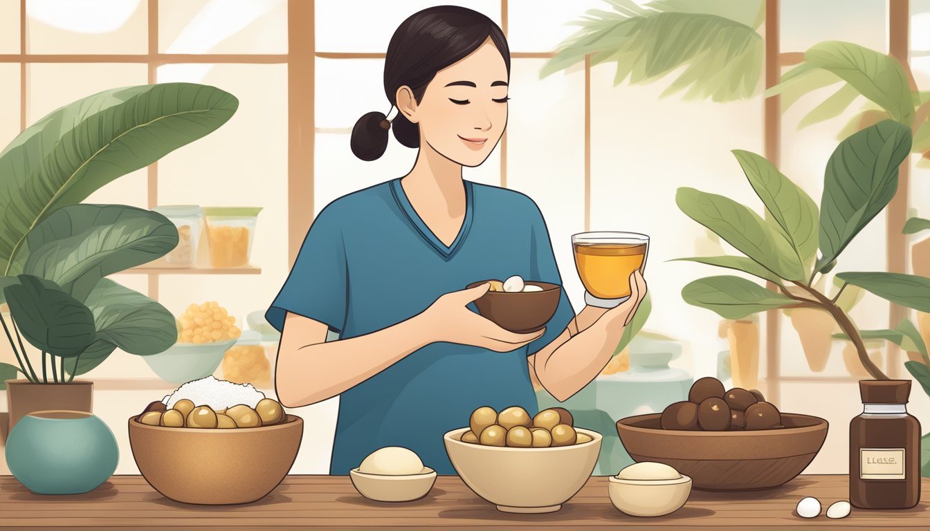 A diabetic person enjoying a bowl of longan fruit with various alternative uses displayed in the background, such as longan tea, dessert, and skincare products