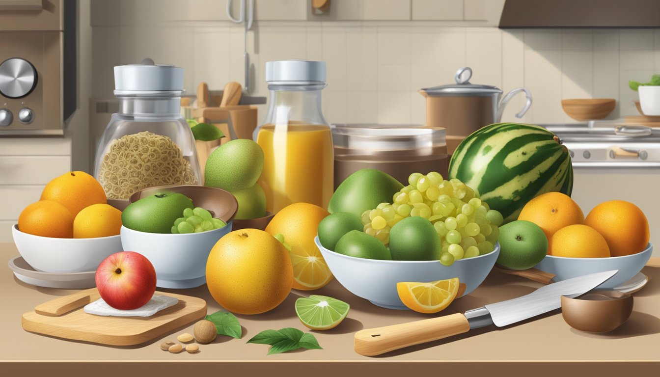 A diabetic-friendly kitchen scene with luo han guo fruit and various cooking and baking ingredients and tools