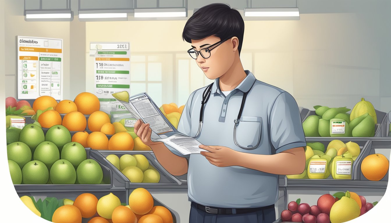 A diabetic person holding a luo han guo fruit while reading a safety and regulatory information label