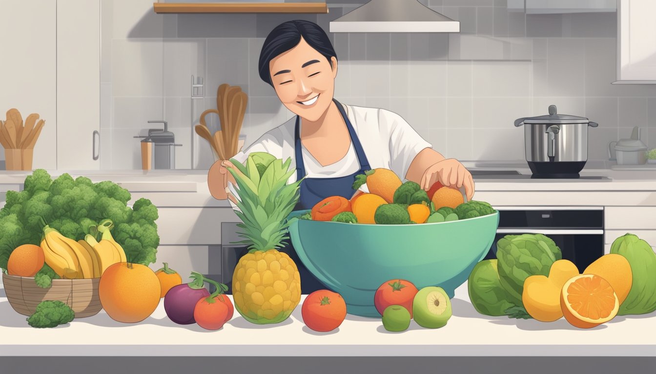 A diabetic person happily adding Luo Han Guo to a colorful bowl of fresh fruits and vegetables on a kitchen counter