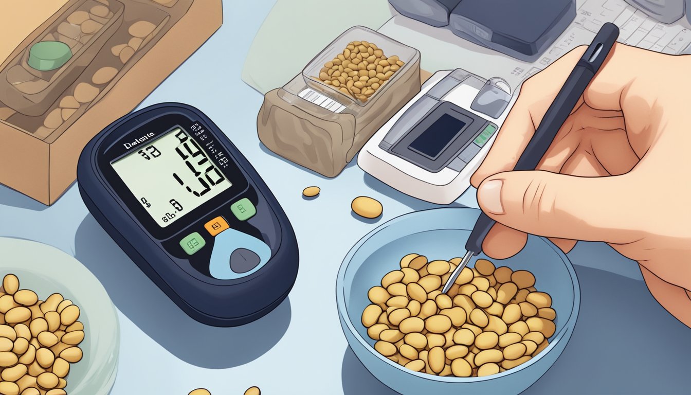 A diabetic person eating lupini beans, with a blood sugar monitor nearby