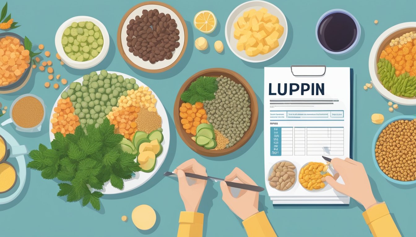 A diabetic person sitting at a table with a variety of lupin-based foods, surrounded by nutritional information and a dietitian providing guidance