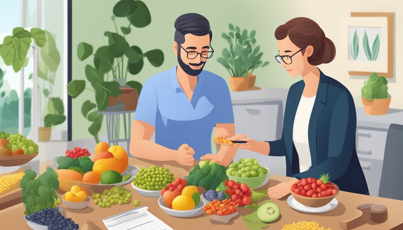 A dietician explaining lupini beans' health benefits to a diabetic patient, with a variety of colorful fruits and vegetables on the table