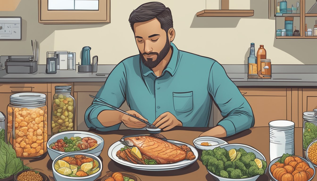 A diabetic person sitting at a table, surrounded by various food items including lingcod, while consulting with a healthcare professional