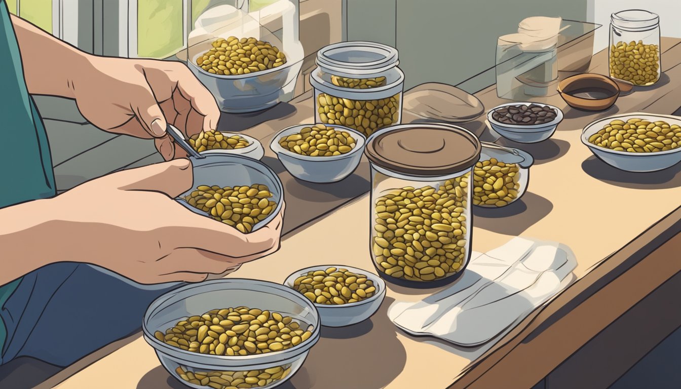 A person opens a jar of lupini beans and places them in a bowl. They then sit at a table, using a fork to eat the beans