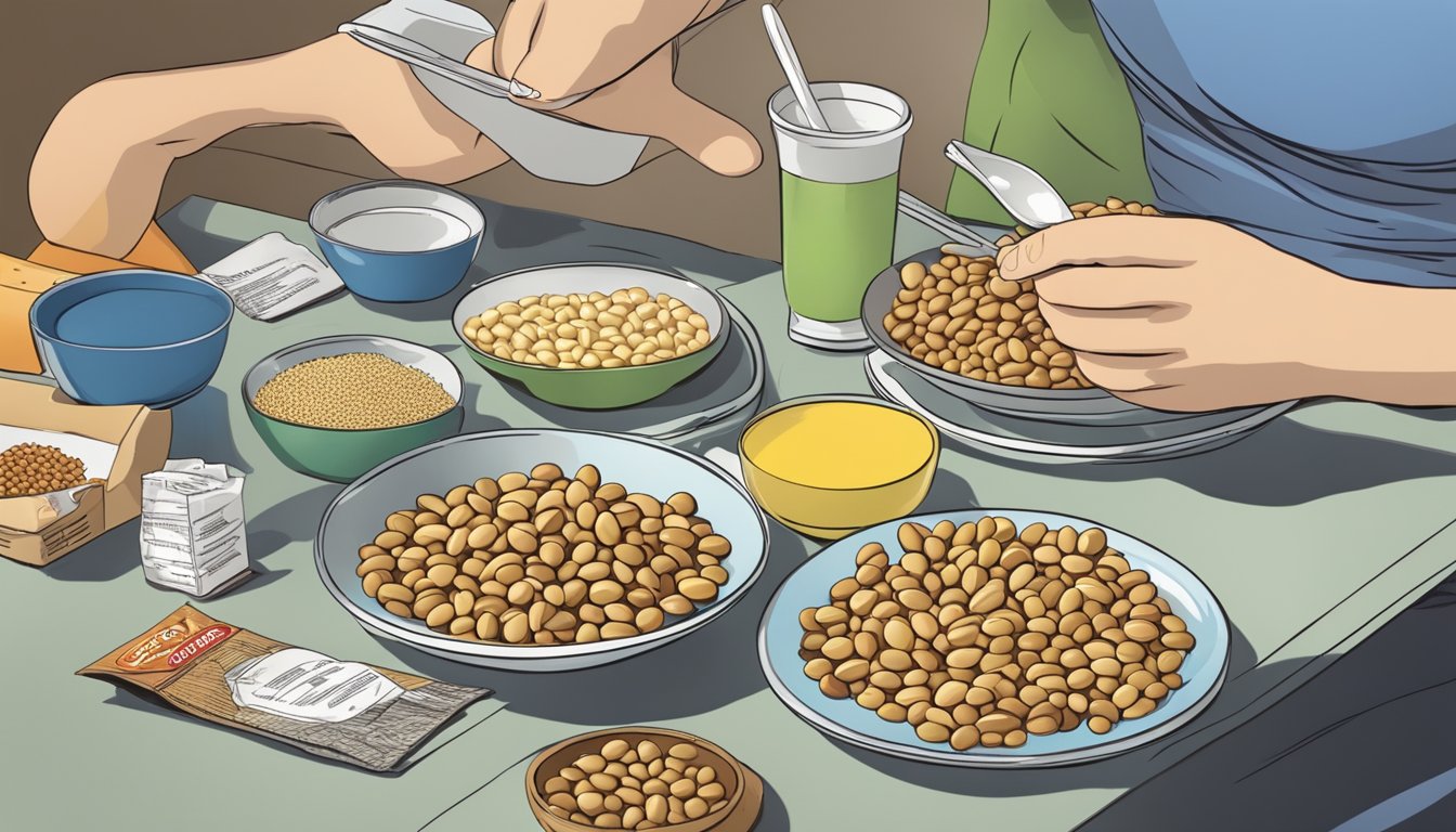 A diabetic person enjoying a meal with various food items, including lupini beans, while reading food labels for potential allergens