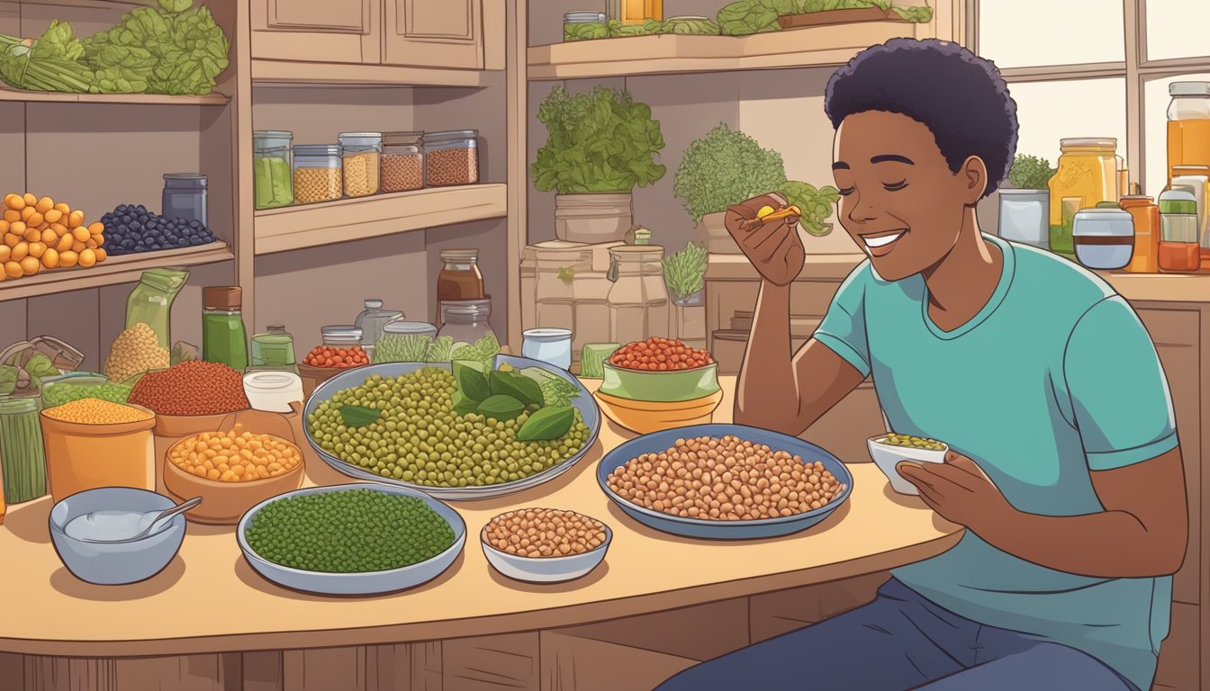 A diabetic person happily eating lupini beans while surrounded by a variety of healthy food options and informational resources