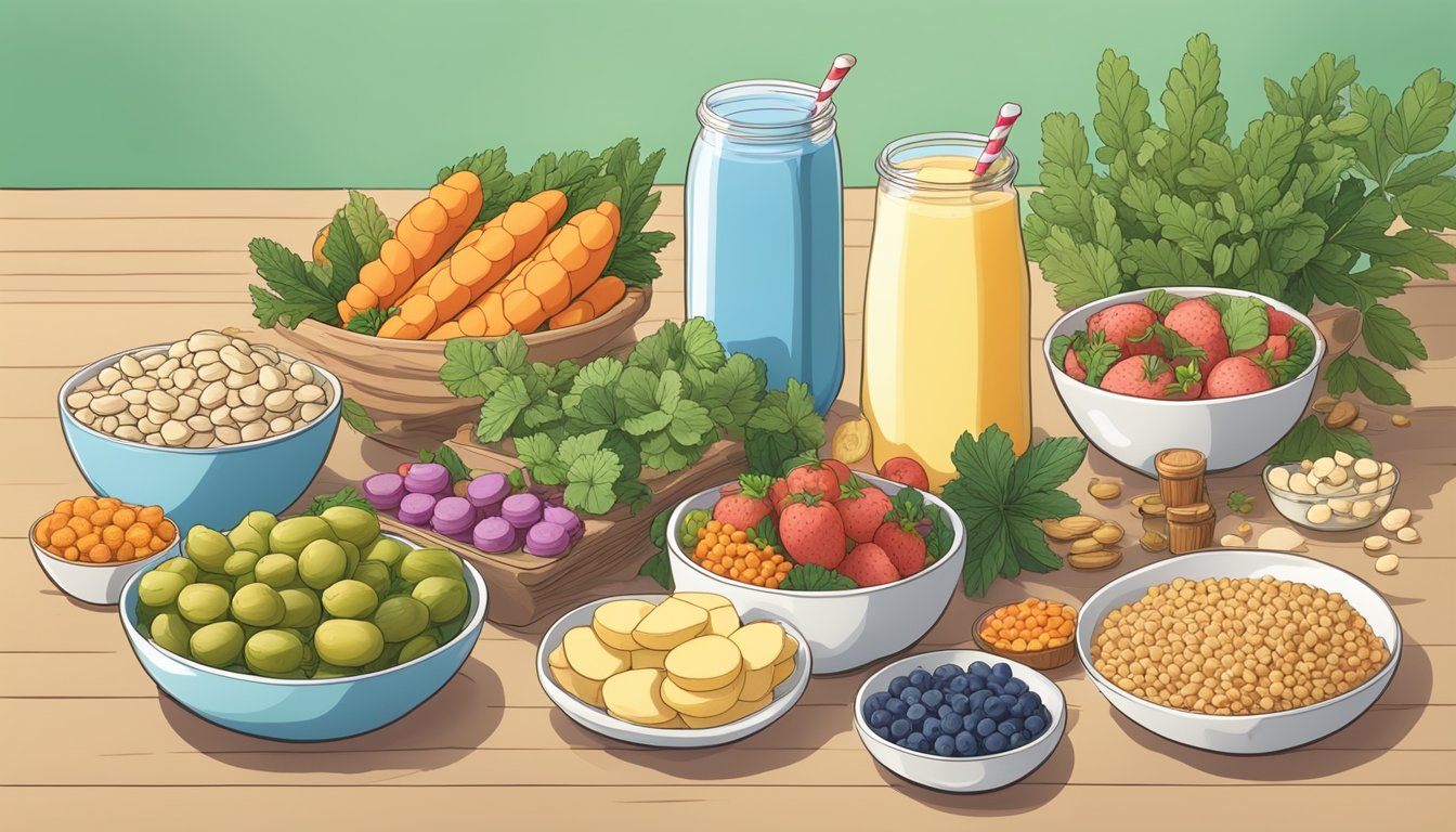 A table with a variety of lupin-based foods, including lupin flour, lupin snacks, and lupin milk, surrounded by diabetes-friendly food items like vegetables and whole grains