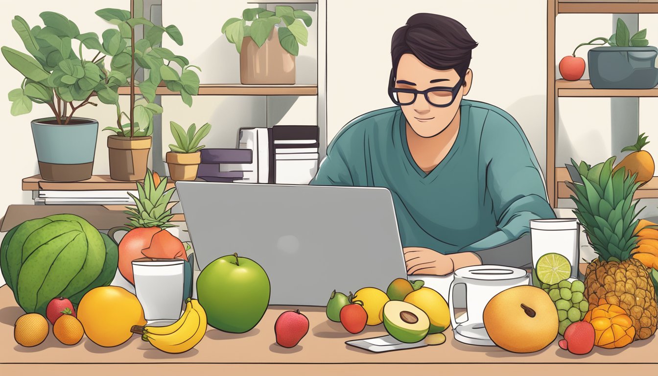 A diabetic person researching lucuma powder online, surrounded by fruits and a laptop