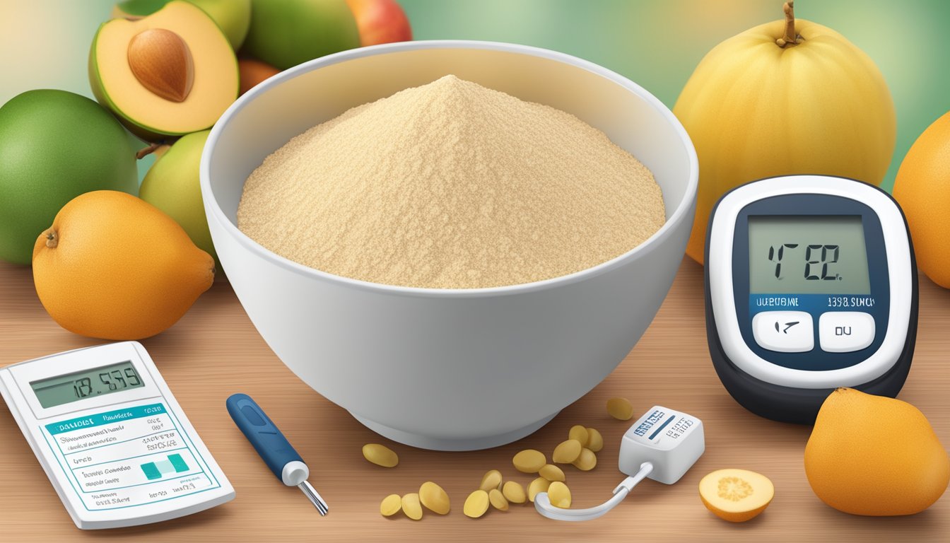 A bowl of lucuma powder surrounded by fresh fruits and a glucometer, with a diabetic-friendly label