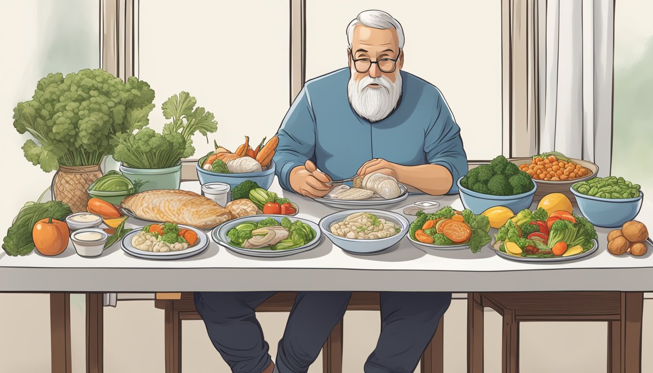 A diabetic person sits at a table with a plate of lutefisk and a variety of healthy food options, contemplating their dietary choices