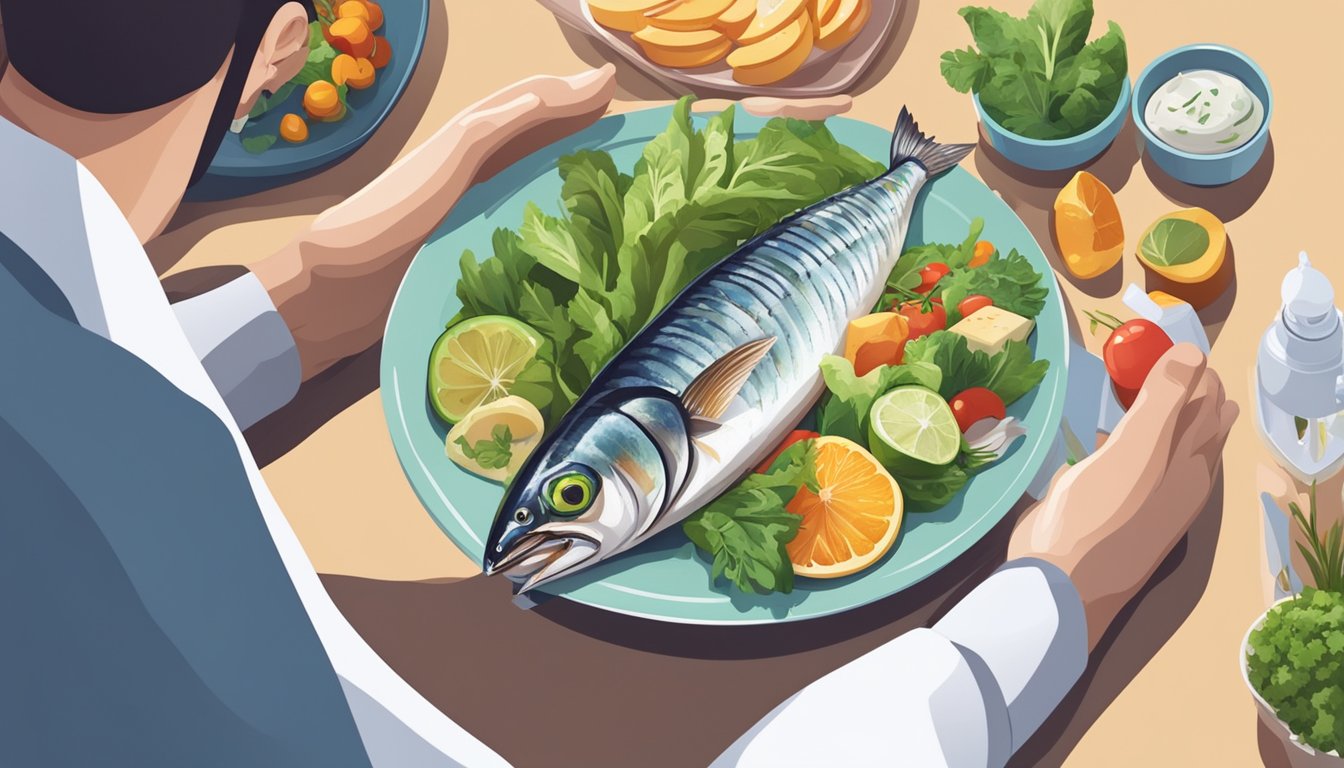 A person with diabetes holding a plate of mackerel, surrounded by various healthy food options and a nutritionist providing guidance