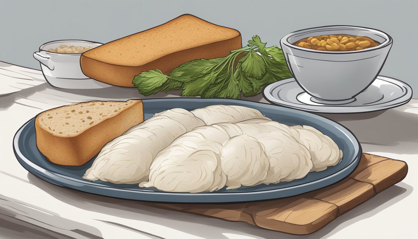 A plate with lutefisk, vegetables, and a side of whole grain bread on a table