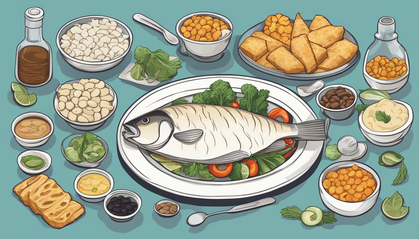 A plate of lutefisk surrounded by various foods and a medical symbol, with a question mark hovering over the lutefisk