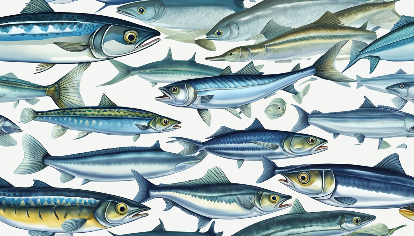 A mackerel swimming alongside other fish varieties in a clear, blue ocean