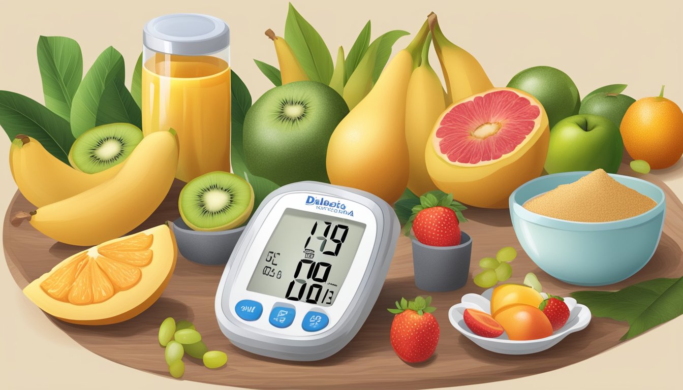 A diabetic-friendly meal with lucuma powder, surrounded by fruits and a glucose meter on the side