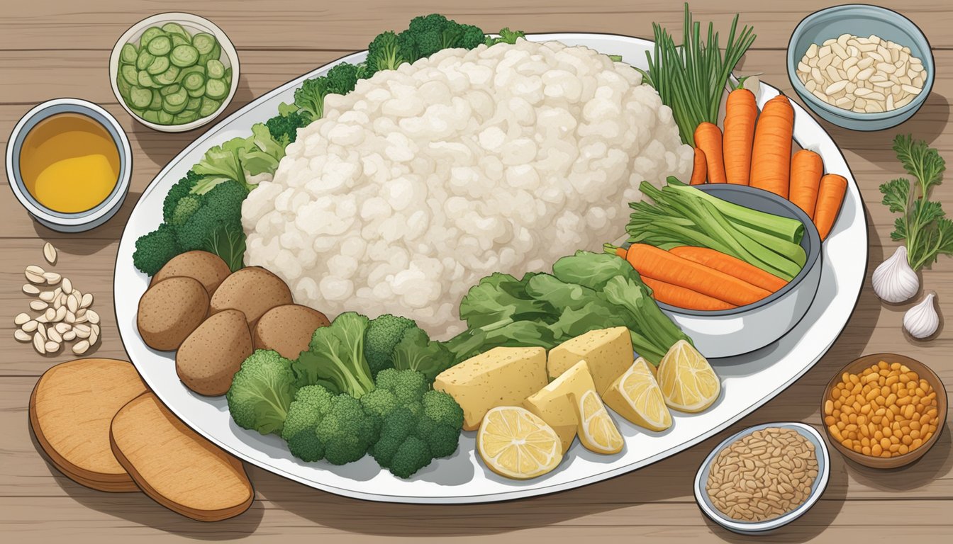 A plate of lutefisk surrounded by alternative diabetic-friendly foods like vegetables, lean protein, and whole grains