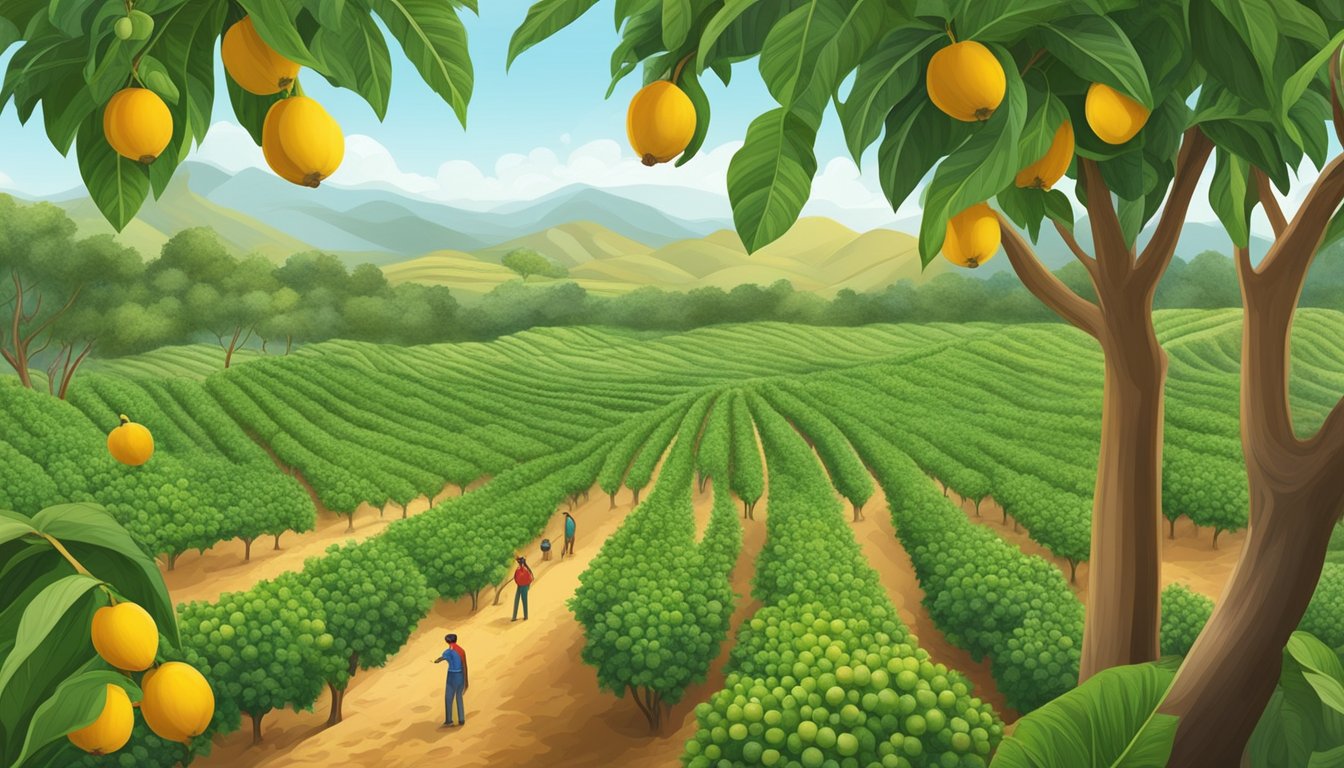 A lush Peruvian orchard with lucuma trees and ripe fruit, surrounded by sustainable farming practices and workers harvesting the nutritious powder