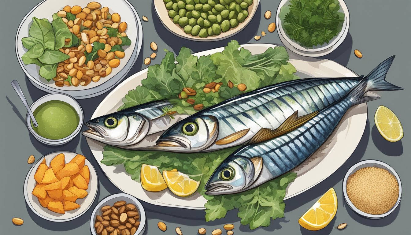 A diabetic person sitting at a table, with a plate of grilled mackerel, surrounded by various alternative nutrient sources such as leafy greens, nuts, and legumes