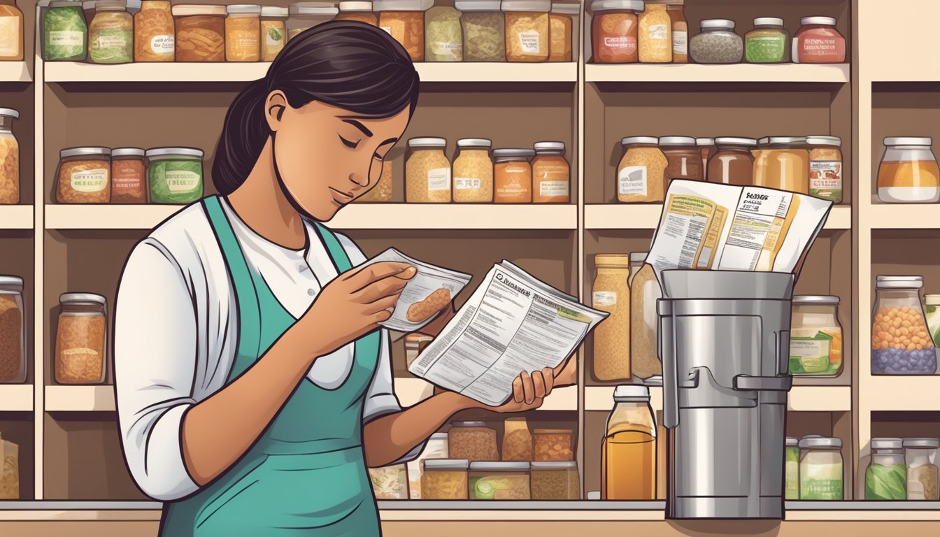 A diabetic person reading a food label with malt extract ingredient, while consulting with a dietitian