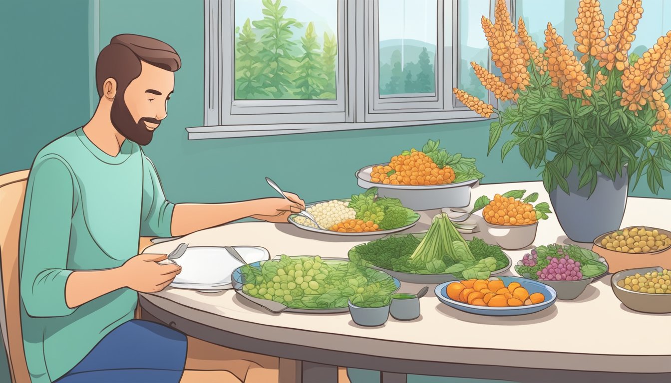 A person with diabetes sitting at a table with a plate of lupins and a dietitian explaining the benefits of including them in their diet