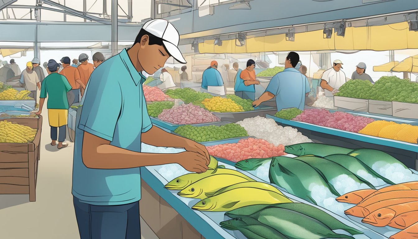 A person carefully selecting fresh mahi mahi at a seafood market, with a variety of other seafood options displayed on ice