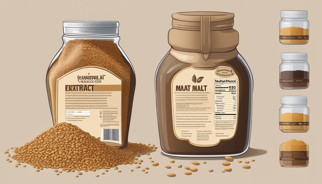 A jar of malt extract surrounded by various grains and ingredients, with a nutritional label showing its composition