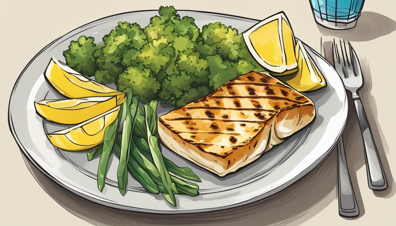 A colorful plate of grilled mahi mahi with a side of steamed vegetables and a slice of lemon, all arranged in an appealing and appetizing manner