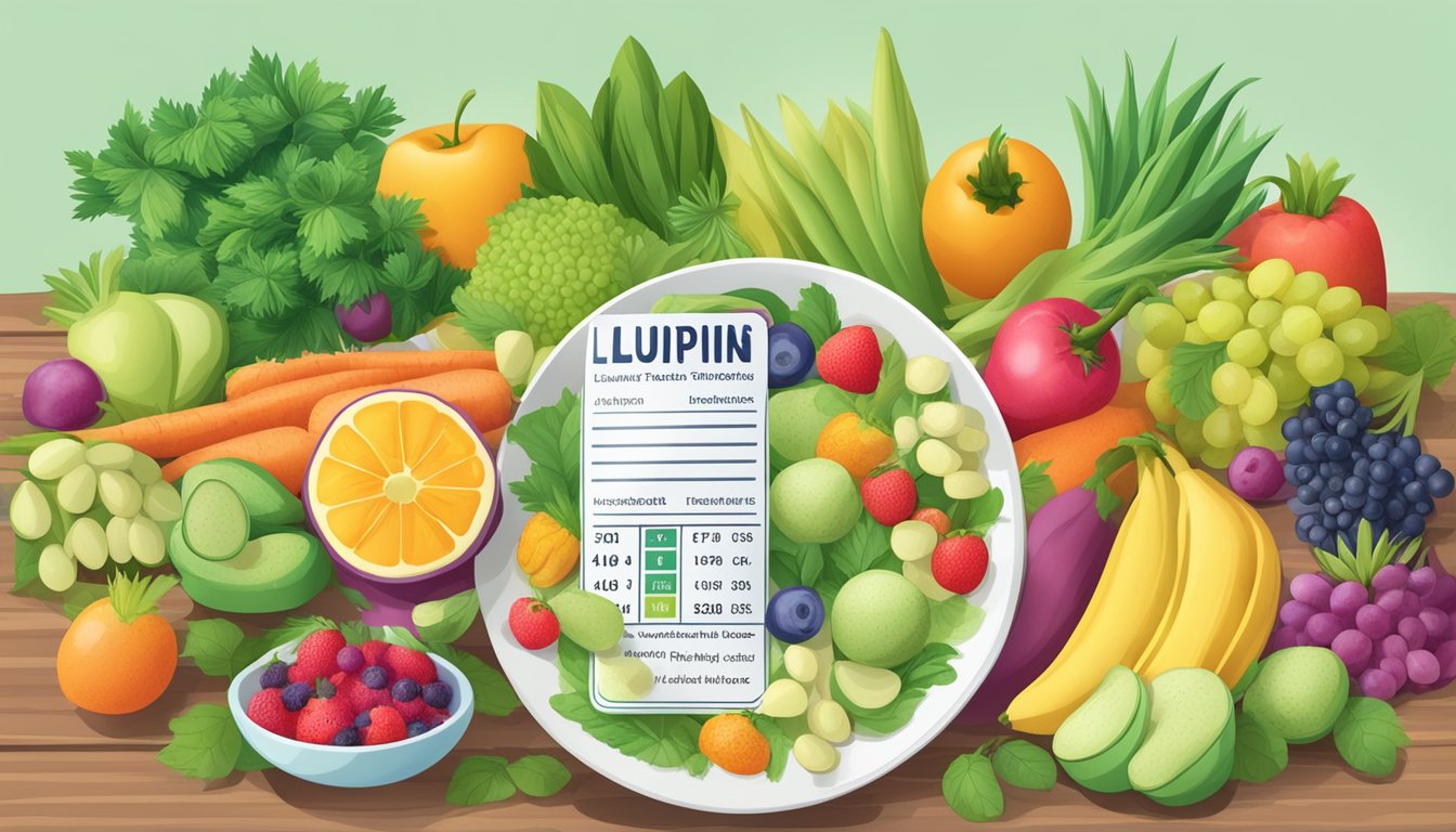 A plate of lupins surrounded by a variety of fresh fruits and vegetables, with a nutrition label next to it