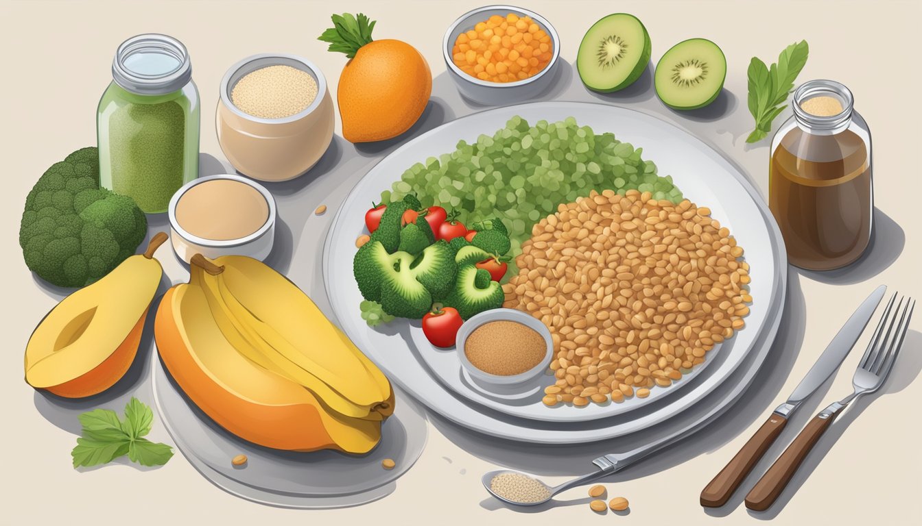 A diabetic's plate with balanced portions of fruits, vegetables, lean protein, and whole grains, with a small jar of malt extract on the side