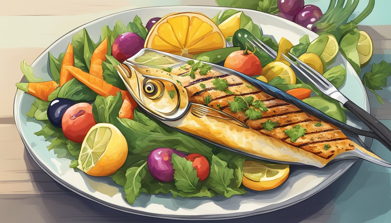 A colorful illustration of a plate with grilled mahi mahi, surrounded by vibrant vegetables and fruits, with a prominent focus on the fish