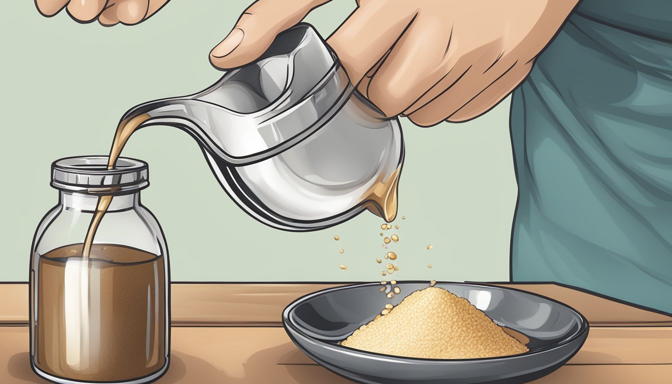 A diabetic person pouring malt extract into a measuring spoon