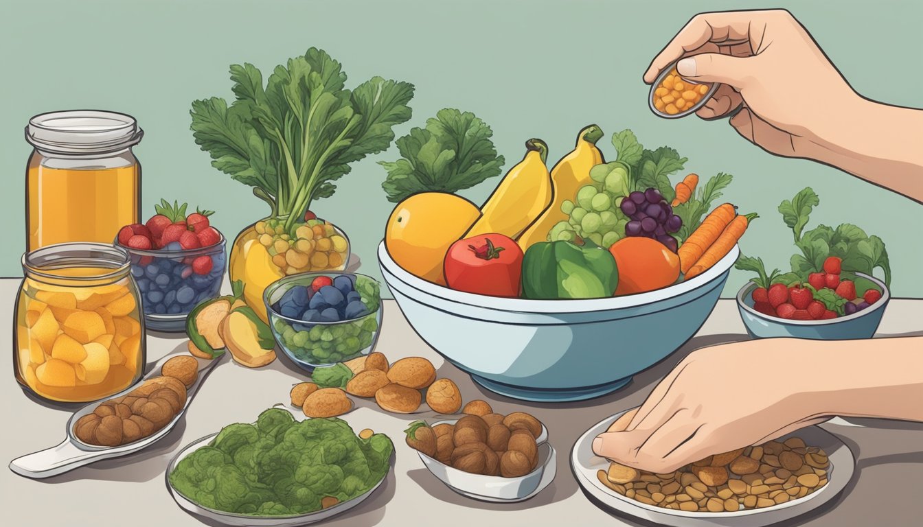 A diabetic diet: a hand reaching for a bowl of fruit and vegetables, while avoiding a jar of malt extract and processed sweets