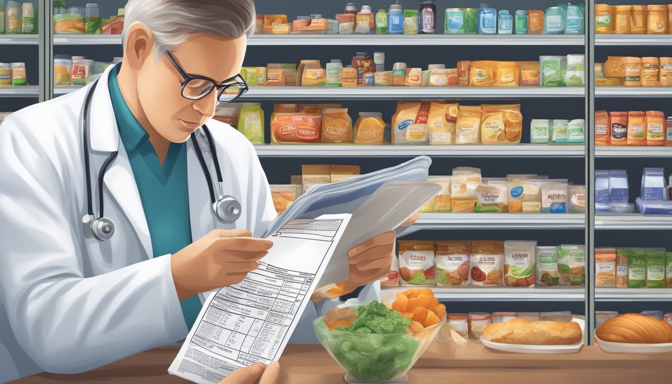 A diabetic person carefully reading the nutrition label of a food product containing maltitol, while a doctor looks on with concern